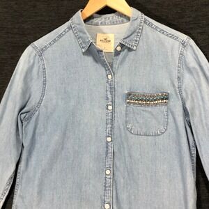 Hollister Denim Shirt Dress Embellished Pocket Long Sleeve Button Down Small